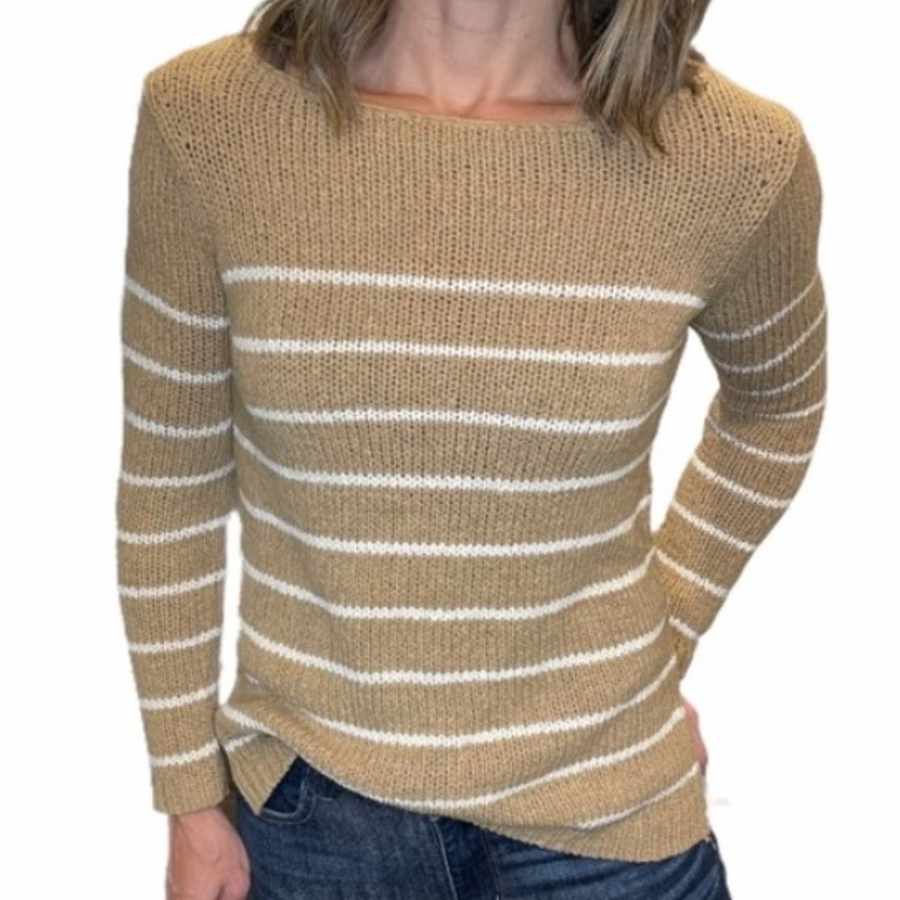 Vince Striped Sweater Tan White Cotton Blend Boat Neck Pullover XS